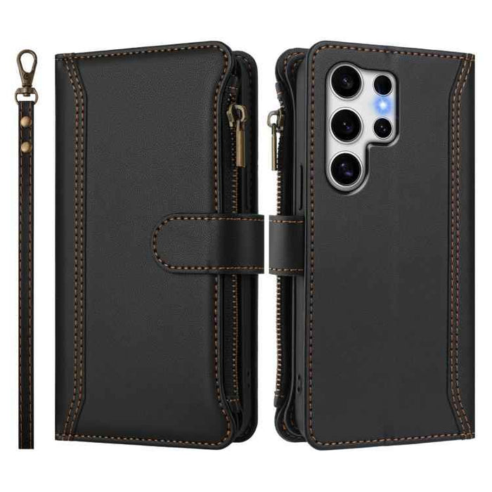For Samsung Galaxy S25 Ultra 5G Magnetic Closure 9 Card Slots Zipper Leather Case with Hand Strap(Black)