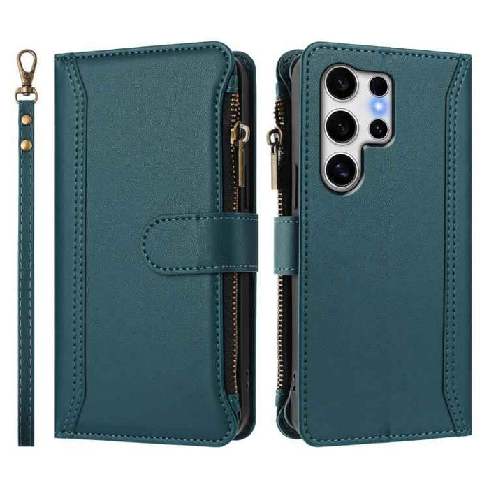 For Samsung Galaxy S25 Ultra 5G Magnetic Closure 9 Card Slots Zipper Leather Case with Hand Strap(Dark Green)