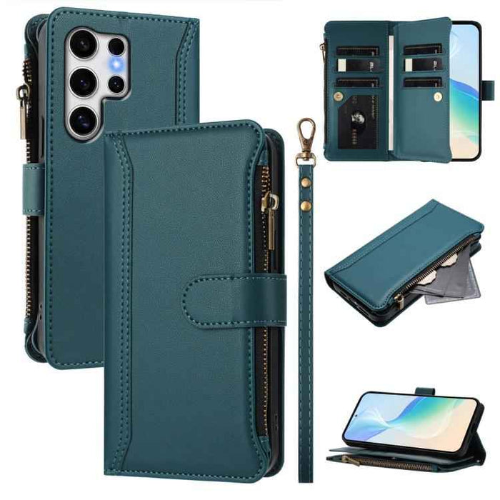 For Samsung Galaxy S25 Ultra 5G Magnetic Closure 9 Card Slots Zipper Leather Case with Hand Strap(Dark Green)