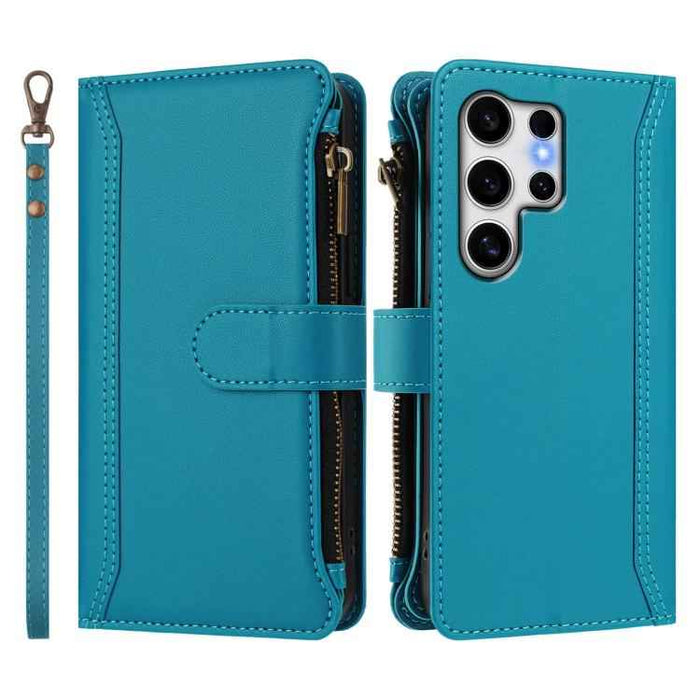 For Samsung Galaxy S25 Ultra 5G Magnetic Closure 9 Card Slots Zipper Leather Case with Hand Strap(Turquoise)