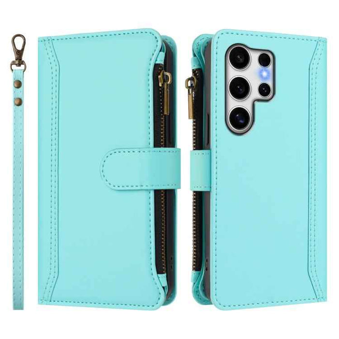 For Samsung Galaxy S25 Ultra 5G Magnetic Closure 9 Card Slots Zipper Leather Case with Hand Strap(Mint Green)