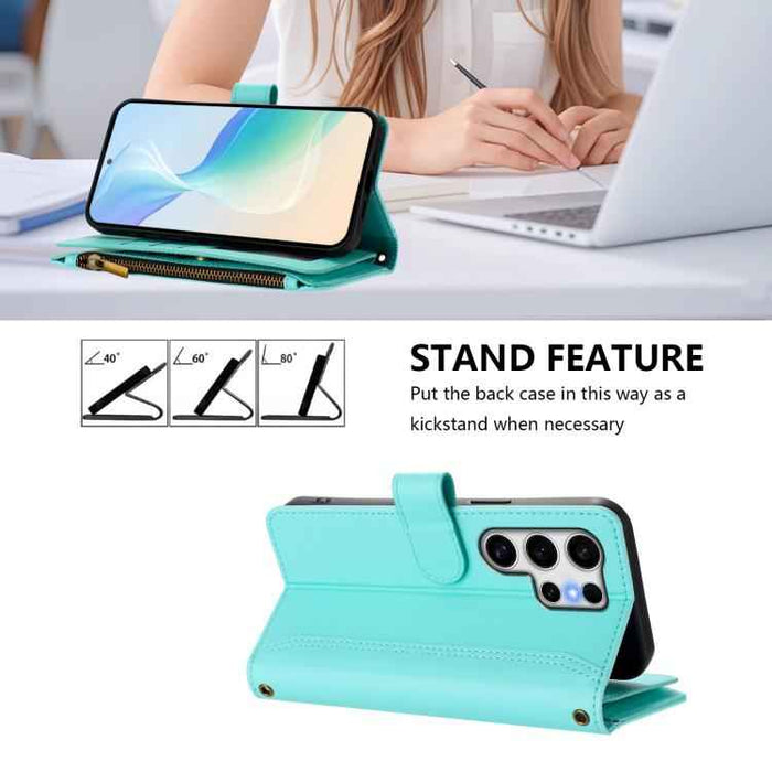 For Samsung Galaxy S25 Ultra 5G Magnetic Closure 9 Card Slots Zipper Leather Case with Hand Strap(Mint Green)