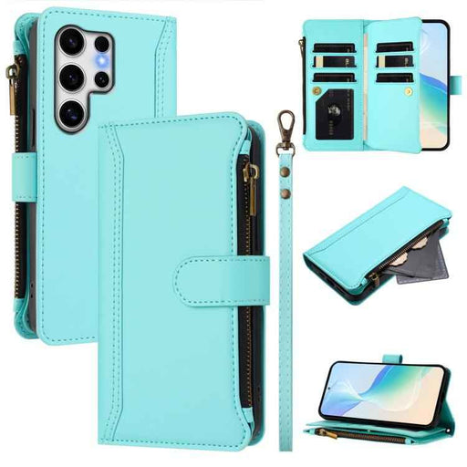 For Samsung Galaxy S25 Ultra 5G Magnetic Closure 9 Card Slots Zipper Leather Case with Hand Strap(Mint Green)
