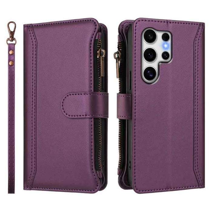 For Samsung Galaxy S25 Ultra 5G Magnetic Closure 9 Card Slots Zipper Leather Case with Hand Strap(Purple)