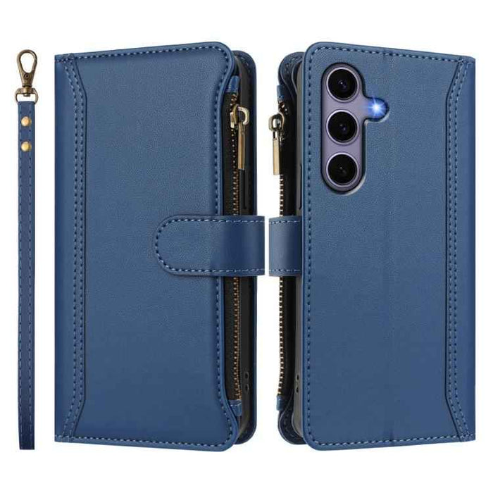 For Samsung Galaxy S25 / S24 5G Magnetic Closure 9 Card Slots Zipper Leather Case with Hand Strap(Dark Blue)