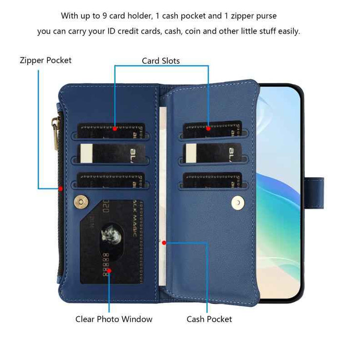 For Samsung Galaxy S25 / S24 5G Magnetic Closure 9 Card Slots Zipper Leather Case with Hand Strap(Dark Blue)