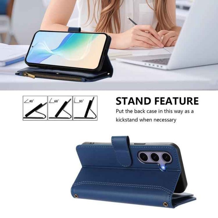 For Samsung Galaxy S25 / S24 5G Magnetic Closure 9 Card Slots Zipper Leather Case with Hand Strap(Dark Blue)