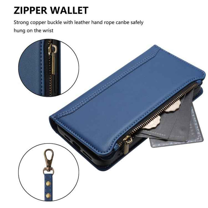 For Samsung Galaxy S25 / S24 5G Magnetic Closure 9 Card Slots Zipper Leather Case with Hand Strap(Dark Blue)