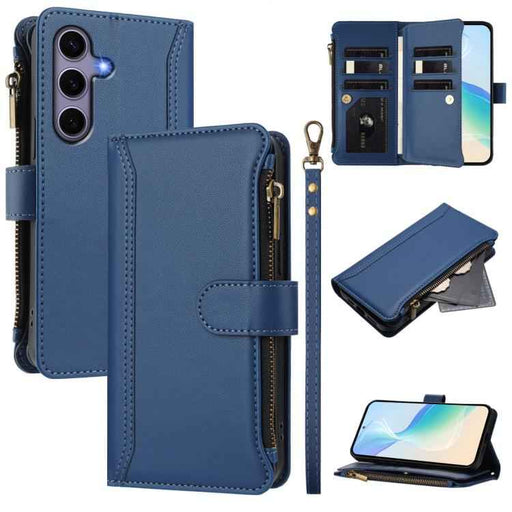 For Samsung Galaxy S25 / S24 5G Magnetic Closure 9 Card Slots Zipper Leather Case with Hand Strap(Dark Blue)