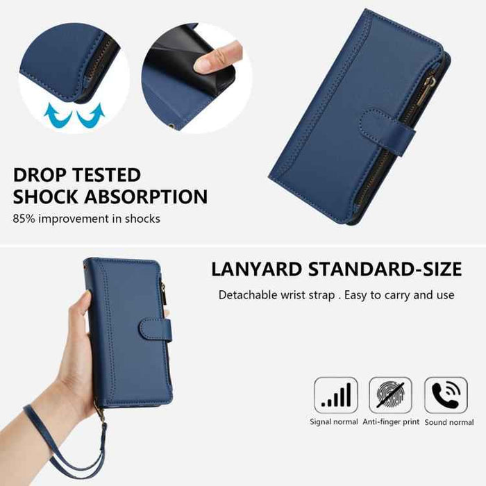 For Samsung Galaxy S25 / S24 5G Magnetic Closure 9 Card Slots Zipper Leather Case with Hand Strap(Dark Blue)
