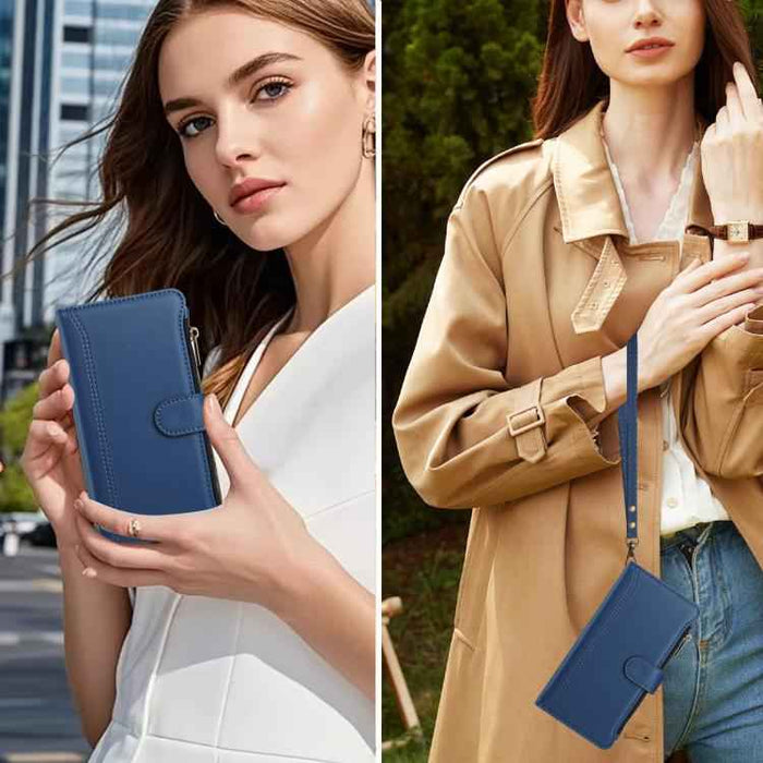 For Samsung Galaxy S25 / S24 5G Magnetic Closure 9 Card Slots Zipper Leather Case with Hand Strap(Dark Blue)