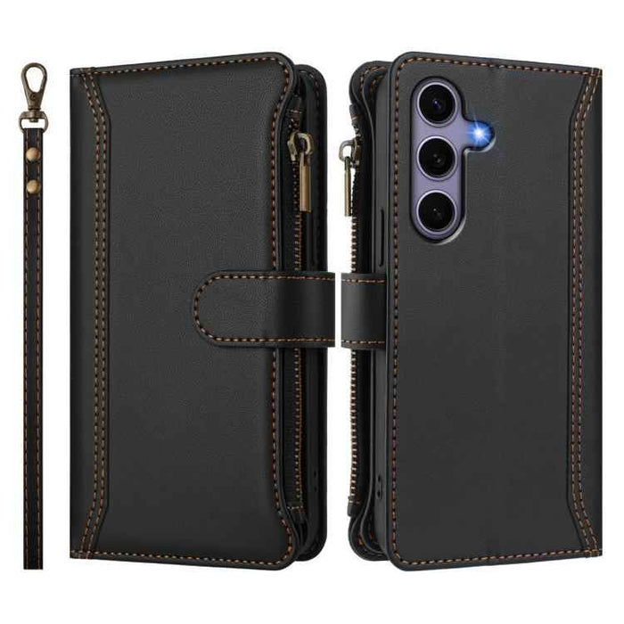For Samsung Galaxy S25 / S24 5G Magnetic Closure 9 Card Slots Zipper Leather Case with Hand Strap(Black)
