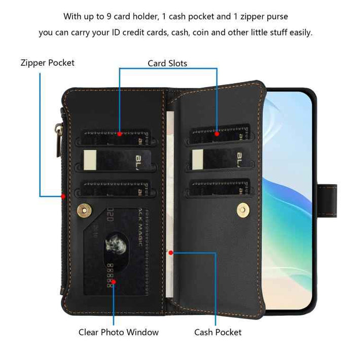 For Samsung Galaxy S25 / S24 5G Magnetic Closure 9 Card Slots Zipper Leather Case with Hand Strap(Black)