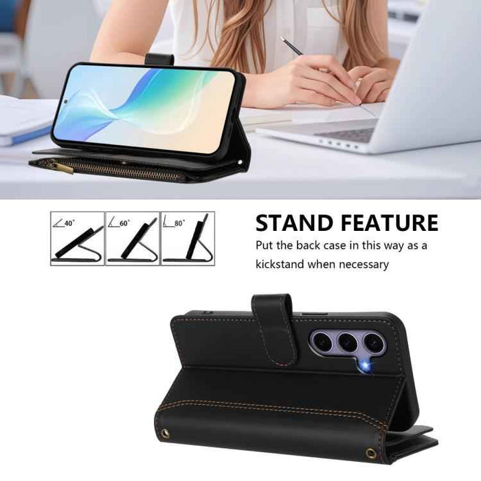 For Samsung Galaxy S25 / S24 5G Magnetic Closure 9 Card Slots Zipper Leather Case with Hand Strap(Black)