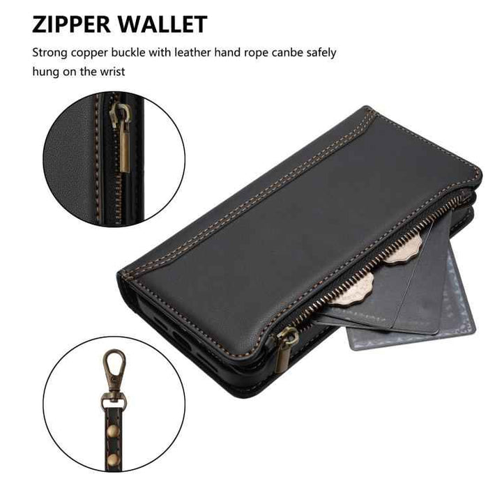For Samsung Galaxy S25 / S24 5G Magnetic Closure 9 Card Slots Zipper Leather Case with Hand Strap(Black)