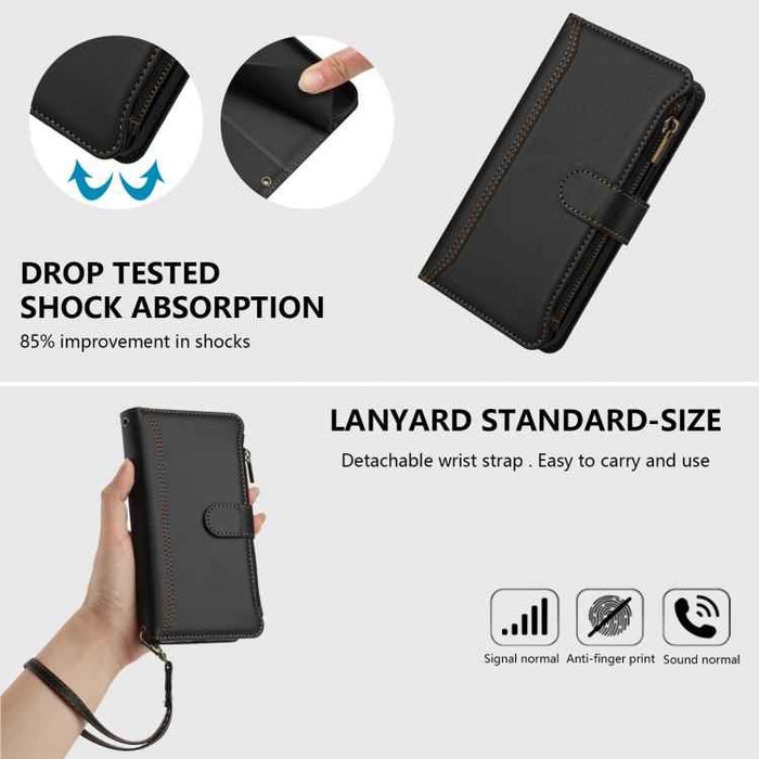 For Samsung Galaxy S25 / S24 5G Magnetic Closure 9 Card Slots Zipper Leather Case with Hand Strap(Black)