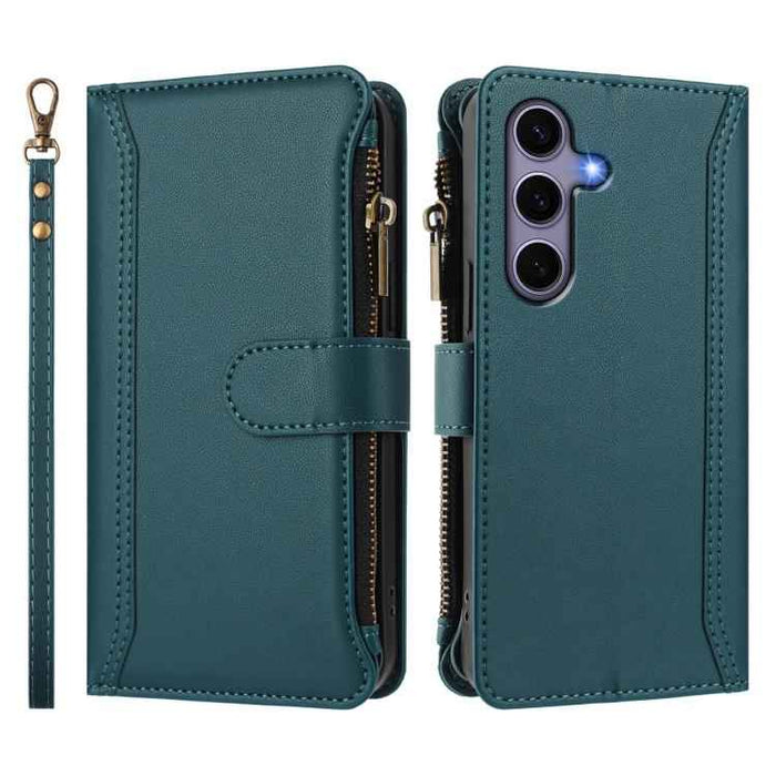 For Samsung Galaxy S25 / S24 5G Magnetic Closure 9 Card Slots Zipper Leather Case with Hand Strap(Dark Green)