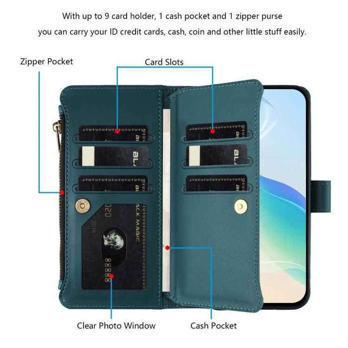 For Samsung Galaxy S25 / S24 5G Magnetic Closure 9 Card Slots Zipper Leather Case with Hand Strap(Dark Green)
