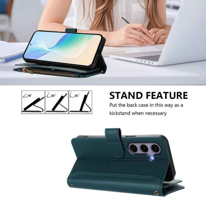 For Samsung Galaxy S25 / S24 5G Magnetic Closure 9 Card Slots Zipper Leather Case with Hand Strap(Dark Green)