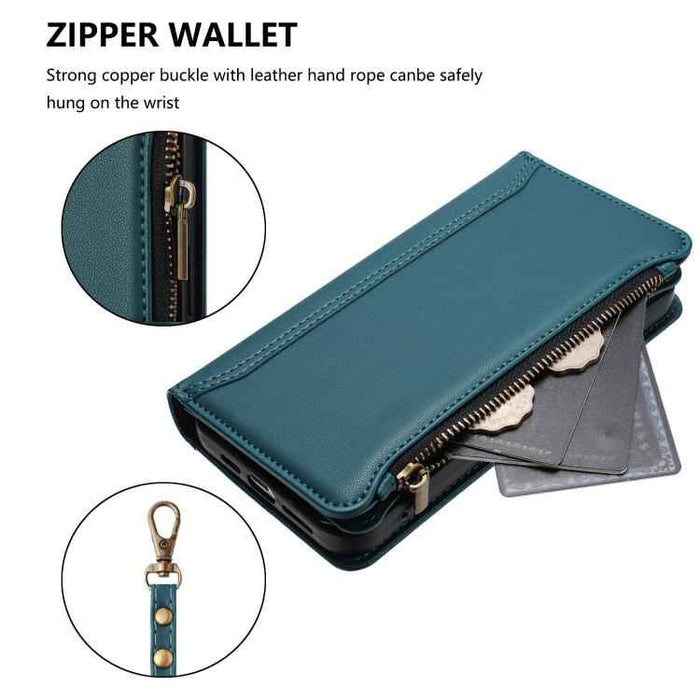 For Samsung Galaxy S25 / S24 5G Magnetic Closure 9 Card Slots Zipper Leather Case with Hand Strap(Dark Green)