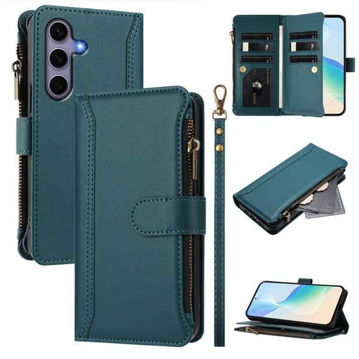 For Samsung Galaxy S25 / S24 5G Magnetic Closure 9 Card Slots Zipper Leather Case with Hand Strap(Dark Green)