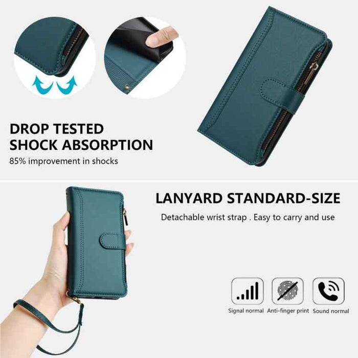 For Samsung Galaxy S25 / S24 5G Magnetic Closure 9 Card Slots Zipper Leather Case with Hand Strap(Dark Green)