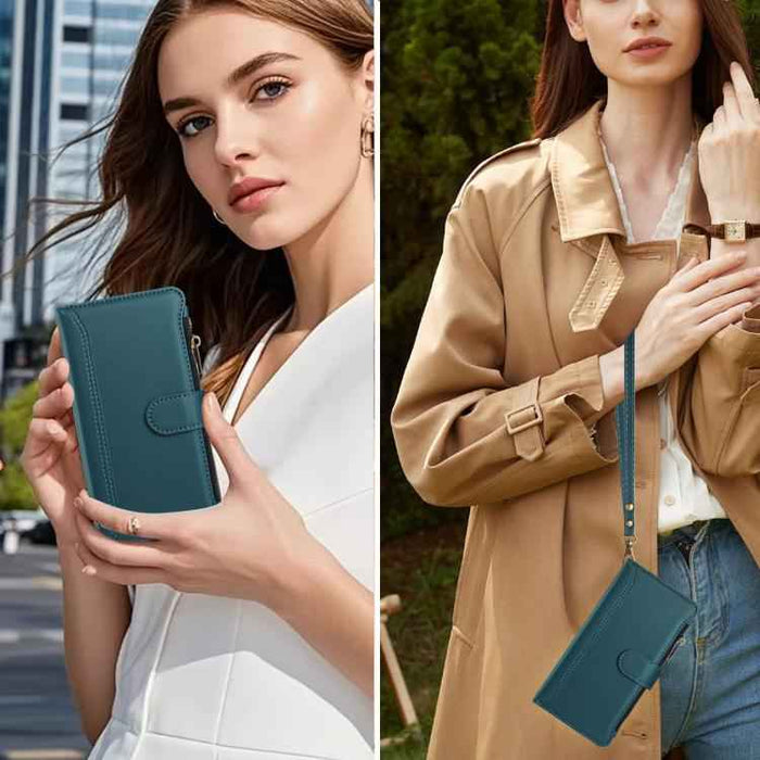 For Samsung Galaxy S25 / S24 5G Magnetic Closure 9 Card Slots Zipper Leather Case with Hand Strap(Dark Green)