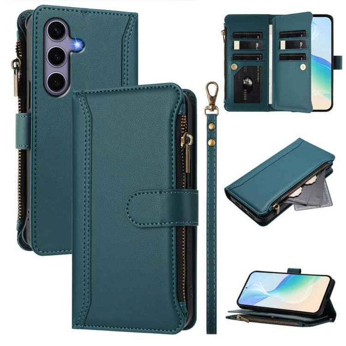 For Samsung Galaxy S25 / S24 5G Magnetic Closure 9 Card Slots Zipper Leather Case with Hand Strap(Dark Green)