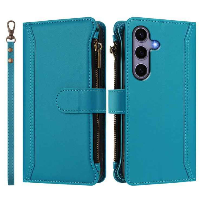 For Samsung Galaxy S25 / S24 5G Magnetic Closure 9 Card Slots Zipper Leather Case with Hand Strap(Turquoise)
