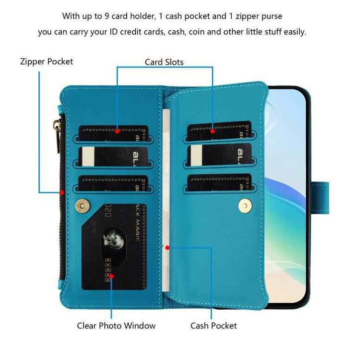 For Samsung Galaxy S25 / S24 5G Magnetic Closure 9 Card Slots Zipper Leather Case with Hand Strap(Turquoise)