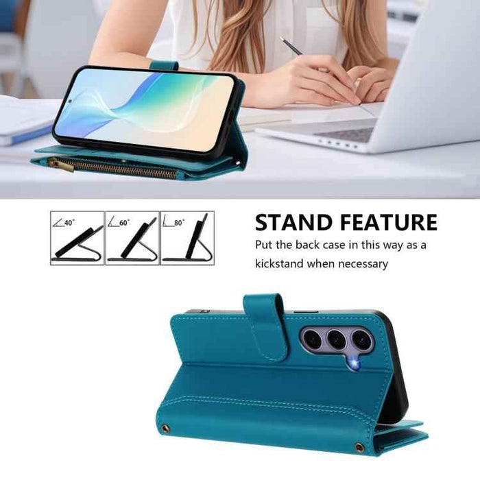 For Samsung Galaxy S25 / S24 5G Magnetic Closure 9 Card Slots Zipper Leather Case with Hand Strap(Turquoise)
