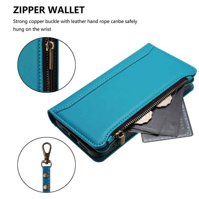 For Samsung Galaxy S25 / S24 5G Magnetic Closure 9 Card Slots Zipper Leather Case with Hand Strap(Turquoise)