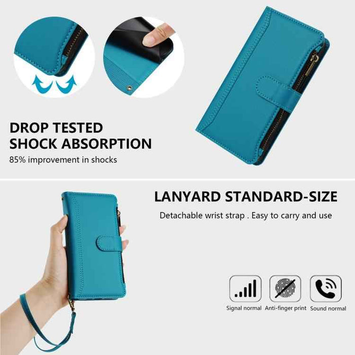For Samsung Galaxy S25 / S24 5G Magnetic Closure 9 Card Slots Zipper Leather Case with Hand Strap(Turquoise)