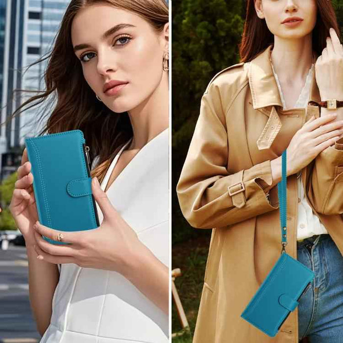 For Samsung Galaxy S25 / S24 5G Magnetic Closure 9 Card Slots Zipper Leather Case with Hand Strap(Turquoise)