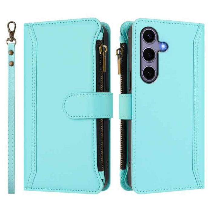 For Samsung Galaxy S25 / S24 5G Magnetic Closure 9 Card Slots Zipper Leather Case with Hand Strap(Mint Green)