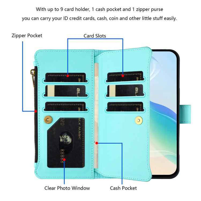 For Samsung Galaxy S25 / S24 5G Magnetic Closure 9 Card Slots Zipper Leather Case with Hand Strap(Mint Green)