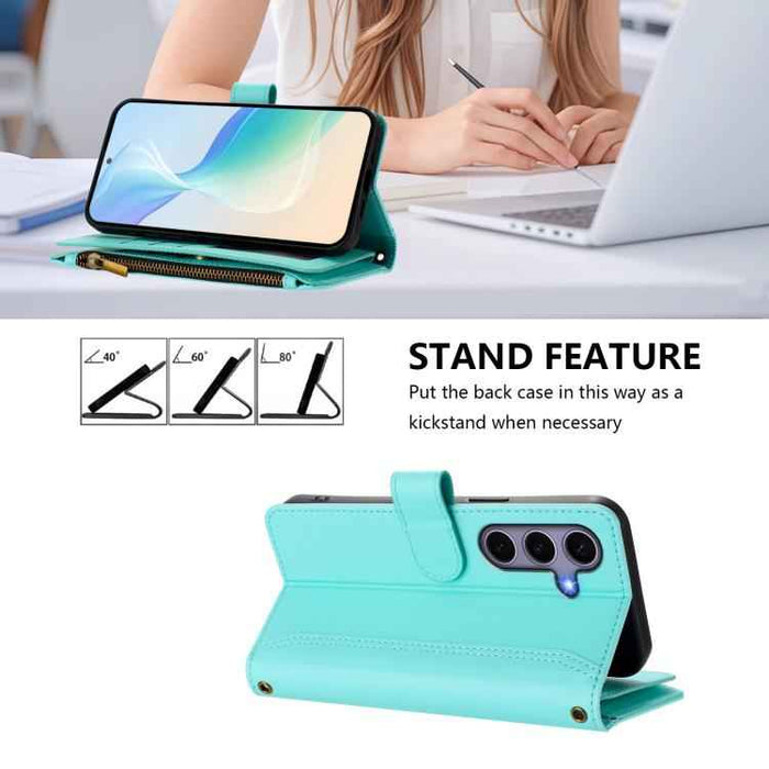 For Samsung Galaxy S25 / S24 5G Magnetic Closure 9 Card Slots Zipper Leather Case with Hand Strap(Mint Green)
