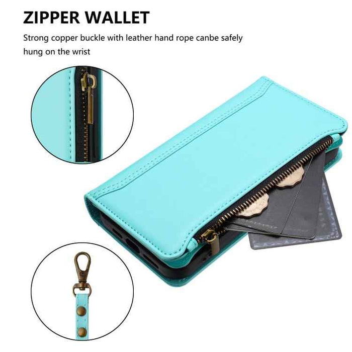 For Samsung Galaxy S25 / S24 5G Magnetic Closure 9 Card Slots Zipper Leather Case with Hand Strap(Mint Green)