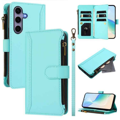 For Samsung Galaxy S25 / S24 5G Magnetic Closure 9 Card Slots Zipper Leather Case with Hand Strap(Mint Green)