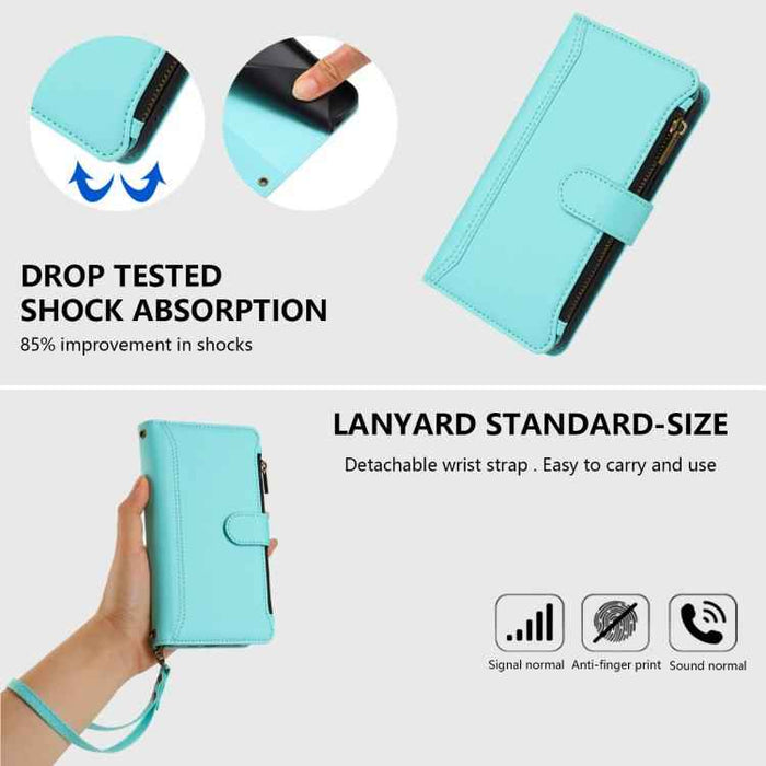 For Samsung Galaxy S25 / S24 5G Magnetic Closure 9 Card Slots Zipper Leather Case with Hand Strap(Mint Green)