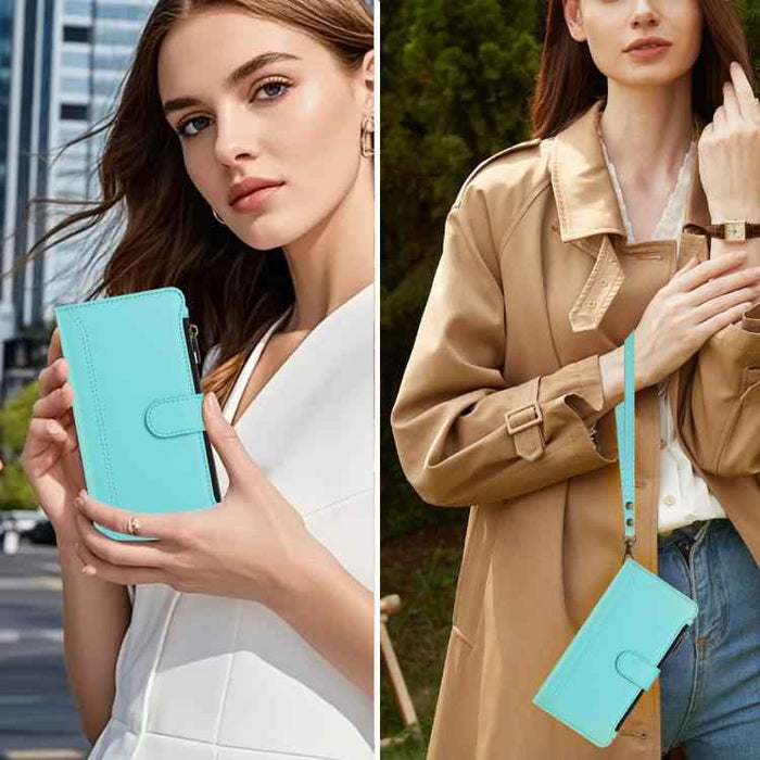 For Samsung Galaxy S25 / S24 5G Magnetic Closure 9 Card Slots Zipper Leather Case with Hand Strap(Mint Green)