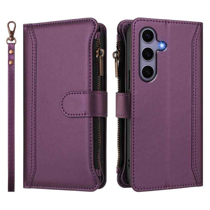 For Samsung Galaxy S25 / S24 5G Magnetic Closure 9 Card Slots Zipper Leather Case with Hand Strap(Purple)