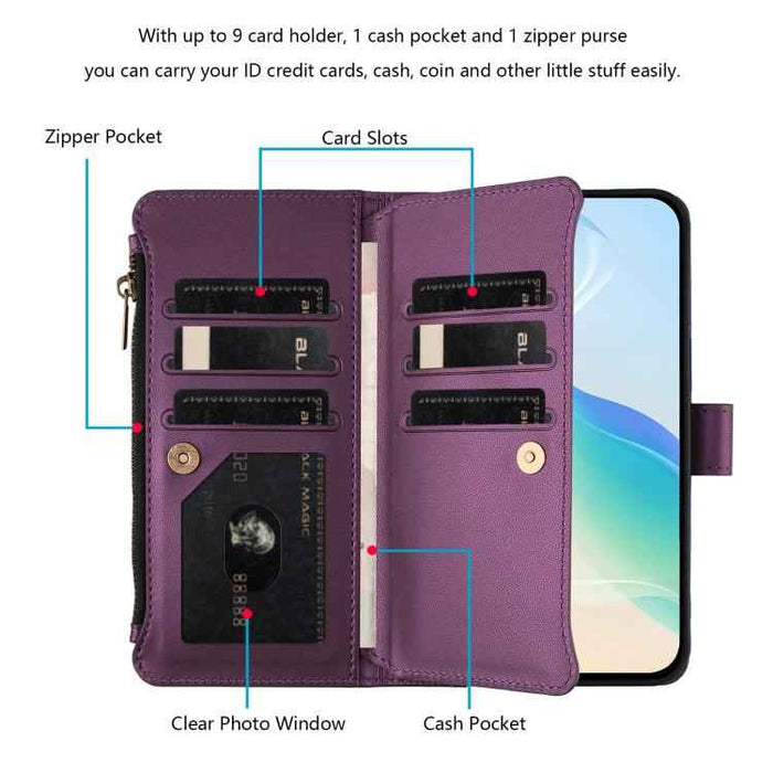 For Samsung Galaxy S25 / S24 5G Magnetic Closure 9 Card Slots Zipper Leather Case with Hand Strap(Purple)