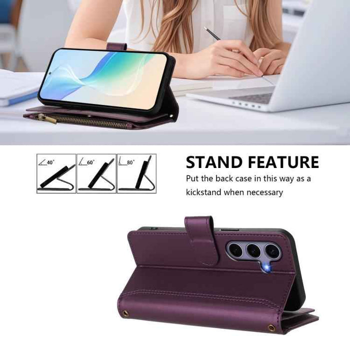 For Samsung Galaxy S25 / S24 5G Magnetic Closure 9 Card Slots Zipper Leather Case with Hand Strap(Purple)