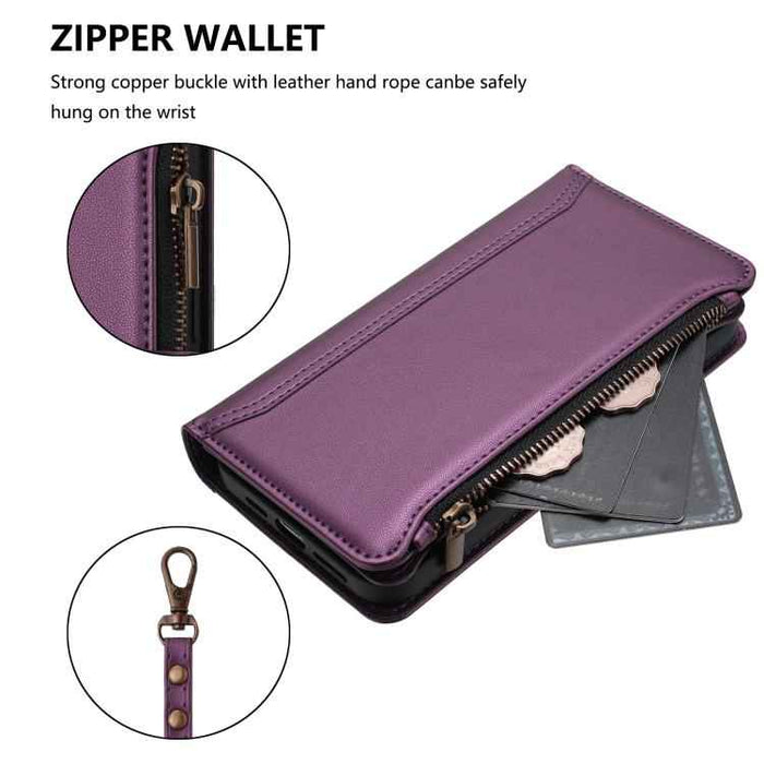 For Samsung Galaxy S25 / S24 5G Magnetic Closure 9 Card Slots Zipper Leather Case with Hand Strap(Purple)
