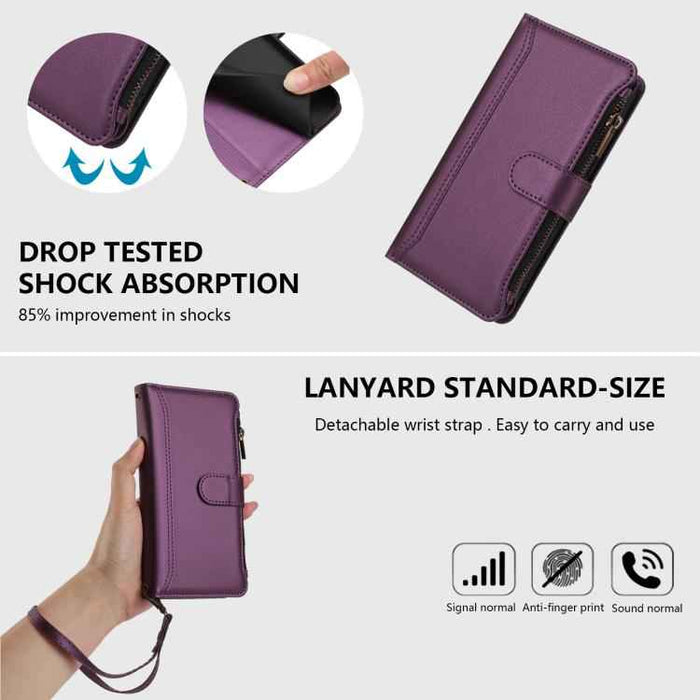 For Samsung Galaxy S25 / S24 5G Magnetic Closure 9 Card Slots Zipper Leather Case with Hand Strap(Purple)