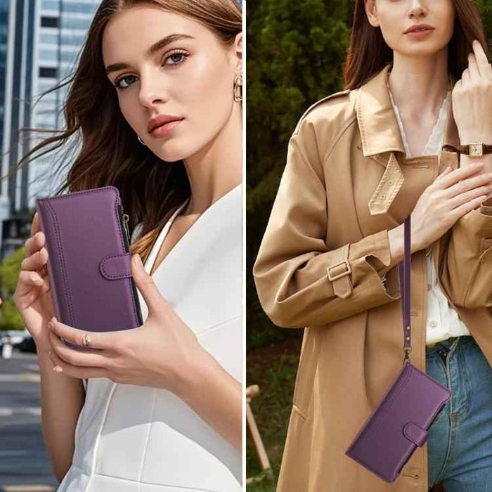 For Samsung Galaxy S25 / S24 5G Magnetic Closure 9 Card Slots Zipper Leather Case with Hand Strap(Purple)