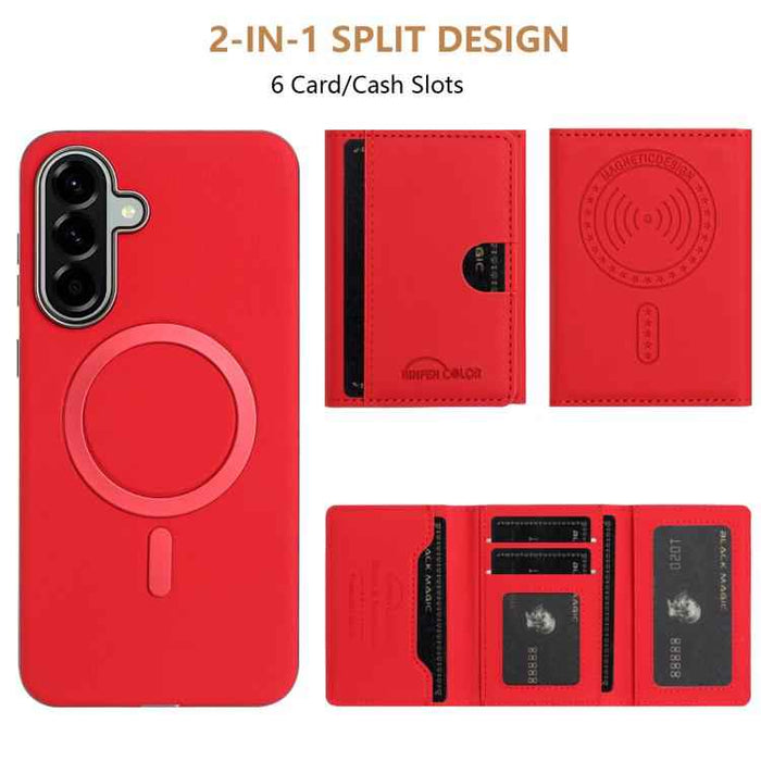 For Samsung Galaxy S25 5G Solid Color Horizontal Magnetic Card Bag RFID MagSafe Phone Case(Red)