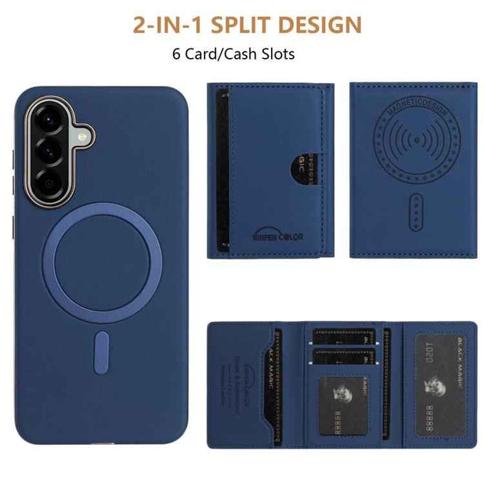 For Samsung Galaxy S25 5G Solid Color Horizontal Magnetic Card Bag RFID MagSafe Phone Case(Dark Blue)