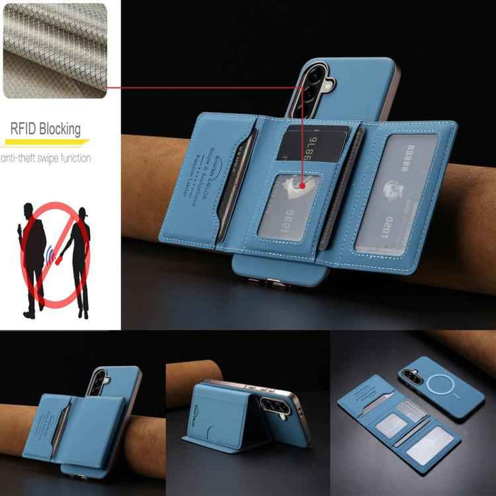 For Samsung Galaxy S25 5G Solid Color Horizontal Magnetic Card Bag RFID MagSafe Phone Case(Baby Blue)